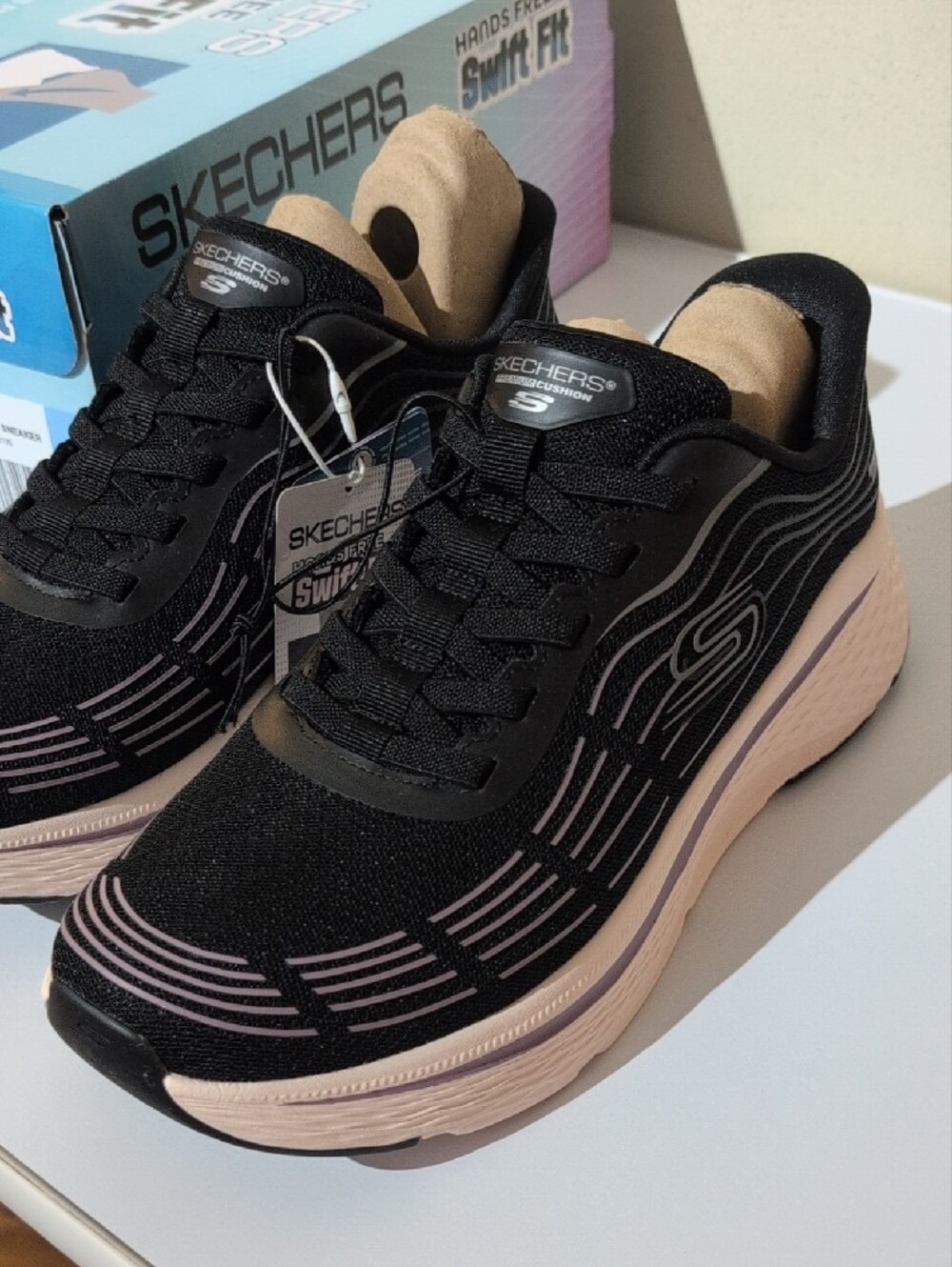 Skechers Ladies Black with Light Pink Accent Sneakers - Picture 2 of 8
